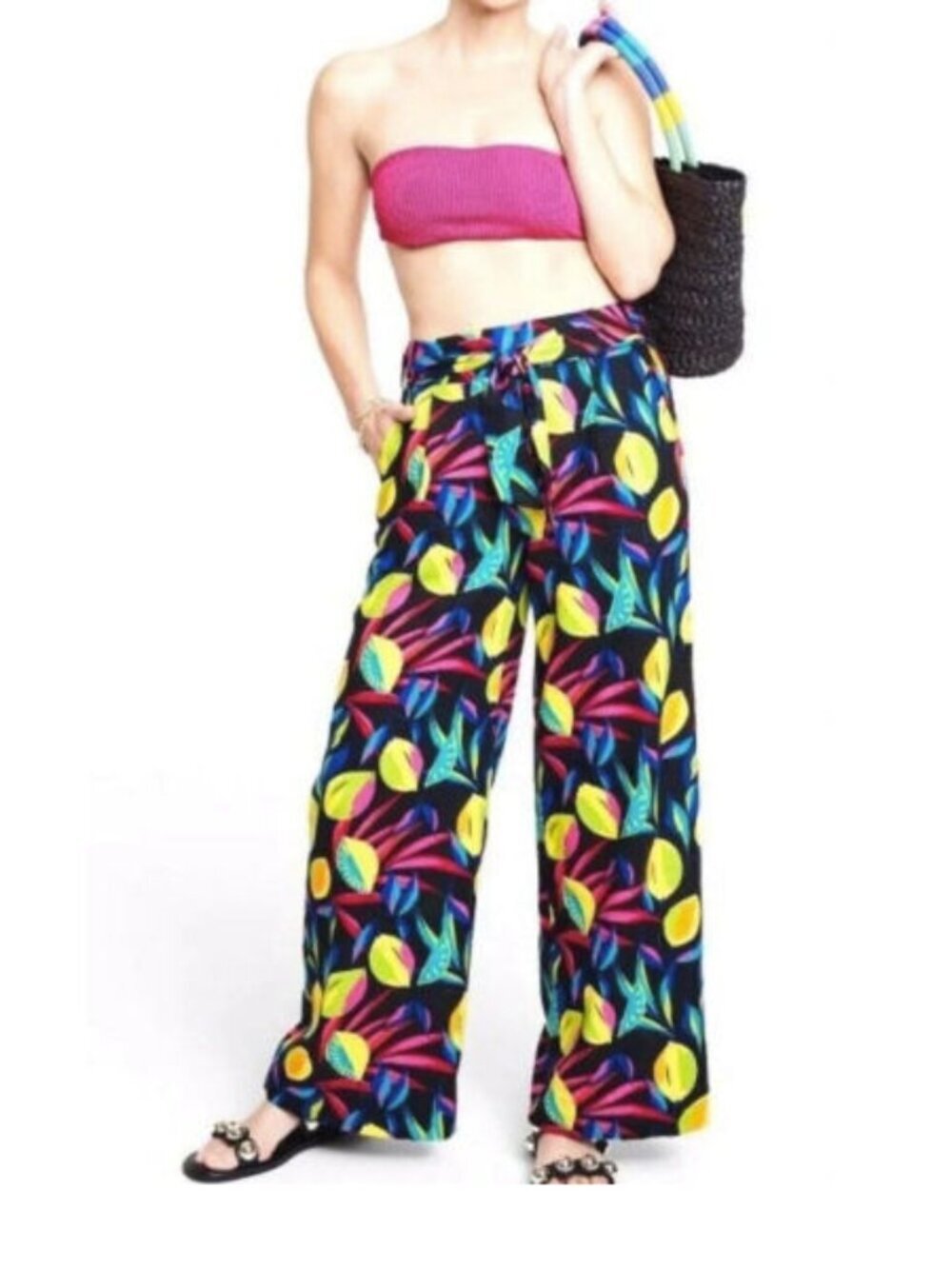 Tabitha Brown Wide Leg Pants Size M Pockets Lemon Print Linen Blend Beach Resort